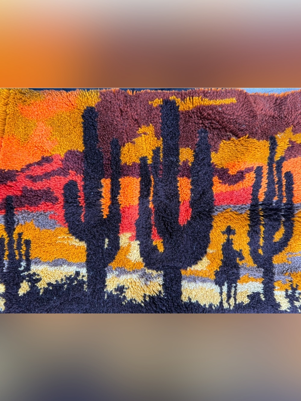 Vintage hook Rug with desert Motif - cactus, southwest decor.  Handmade